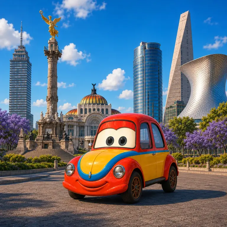 Payaso Loquillo en su vochito frente a edificios emblemáticos de la Ciudad de México