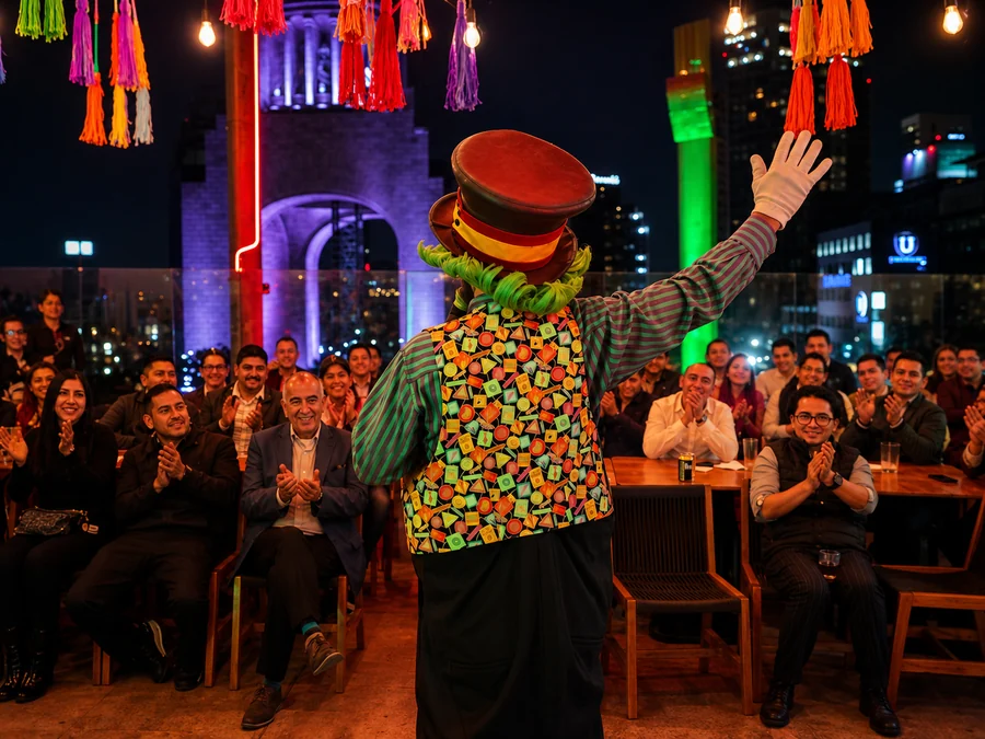 Payaso Loquillo en show corporativo nocturno con público adulto