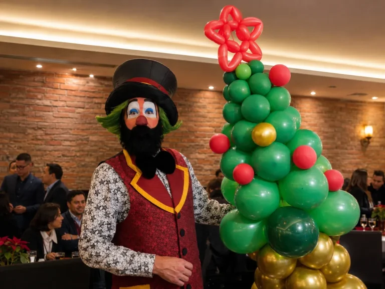 Payaso Loquillo mostrando el árbol de navidad de globos en Italiannis