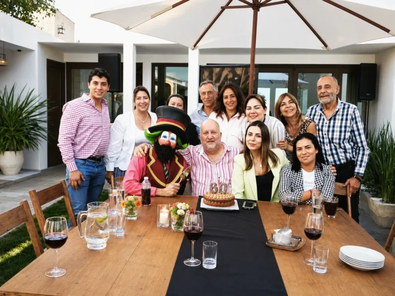 Foto de familia con el Payaso Loquilo en la fiesta de adultos